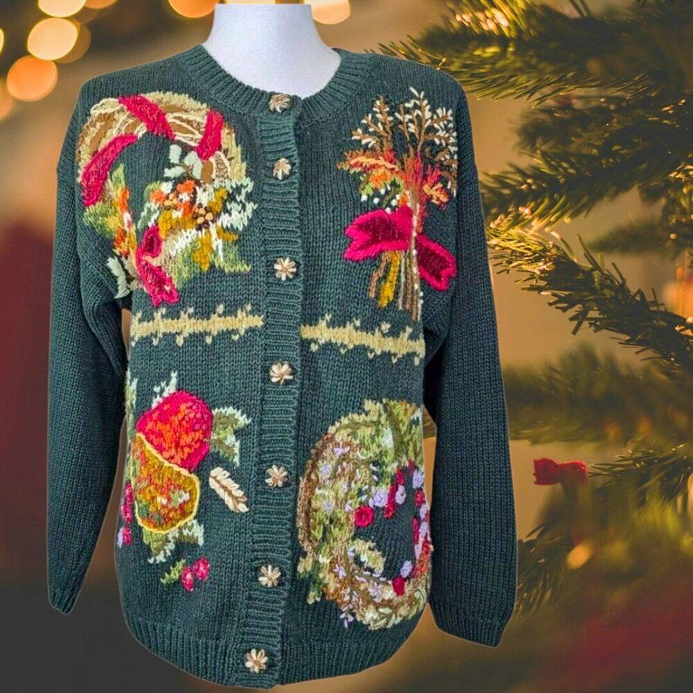 Vintage 1997 Tiara International Embroidered Sweater Cardigan Size S